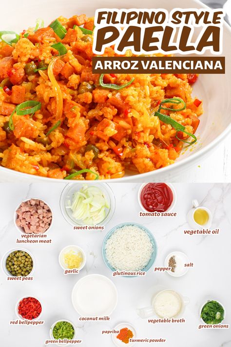 Valenciana Recipe Filipino, Arroz Valenciana Filipino Recipe, Valenciana Recipe, Dominicano Recipes, Rice Dishes Easy, Rice Dishes Recipes, Rice Coconut, Onion Vegetable, Luncheon Meat