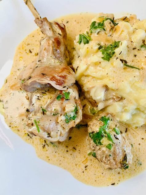 Rabbit in Mustard Sauce (Lapin à la Moutarde) French Rabbit Recipe, Rabbit Legs Recipe, Roasted Rabbit Recipe, Easy Rabbit Recipe, Braised Rabbit, Hunting Recipes, French Rabbit, Rabbit Recipe, Mustard Sauce Recipe