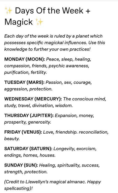 Witchcraft Days Of The Week, Weekly Witchcraft, Menstrual Cycle Affirmations, Witch Weekly Schedule, Witchcraft Correspondences, Moon Journal, Witch Spirituality, Magic Spell Book, Spiritual Journals