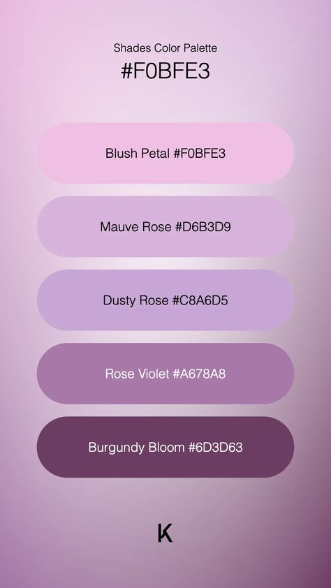 Shades Color Palette Blush Petal #F0BFE3 · Mauve Rose #D6B3D9 · Dusty Rose #C8A6D5 · Rose Violet #A678A8 · Burgundy Bloom #6D3D63 Lavender Color Palette, Serenity Color, Hex Color Palette, Aesthetic Color, Pink And Lavender, Color Pallete, Pink Palette, Ipad Art, Digital Planning