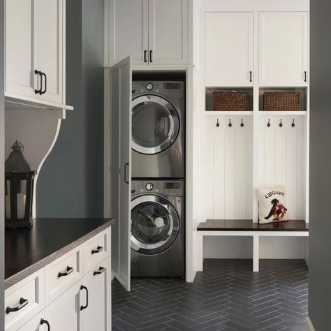 Stackable Washer And Dryer Mudroom, Wash Tower Laundry Room Ideas, Hallway Laundry Room Ideas Stackable, Double Stacked Washer And Dryer, Utility Hallway, Washer Dryer Cabinet, Inspired Closets, Contemporary Laundry, Washer Dryer Laundry Room