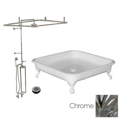 Clawfoot Package - 42-inch Cast Iron Shower Pan, Faucet, Shower enclosure - Strom Plumbing Clawfoot Tub Shower, Garage Bathroom, Vintage Tub, House Bathrooms, Chrome Fixtures, Vintage Bath, Shower Pan, Custom Bathroom, Upstairs Bathrooms