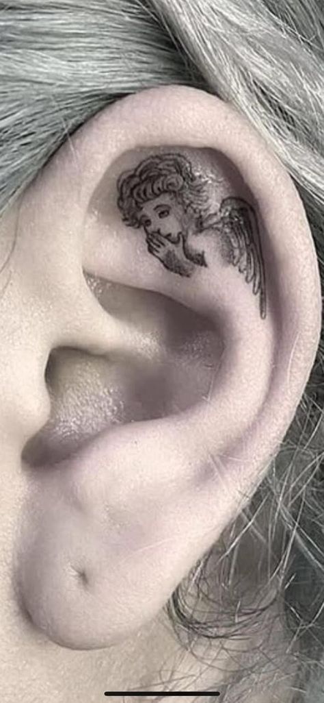 Angel Whispering In Ear Tattoo Design, Angel Whispering In Ear Tattoo, In Ear Tattoo, Whispering In Ear, Evil Tattoos, Hand Tattoos For Women, Tattoo Portfolio, Makeup Tattoos, Nail Tattoo