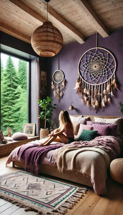 Create a serene and cozy retreat with dreamy boho bedroom decor. This calming space features soft earthy tones, natural textures, and stunning handcrafted dreamcatchers that add a unique touch to the interior. Perfect for those who love rustic charm and want to bring nature indoors, the combination of neutral bedding, woven accents, and greenery makes this bedroom the ideal sanctuary. Get inspired by this boho haven and transform your space into a calming escape! Purple And Blue Boho Bedroom, Boho Purple Bedroom, Boho Log Cabin, Lavender Boho Bedroom, Purple Boho Bedroom, Spiritual Bedroom, Dreamcatcher Decor, Purple Bedroom Decor, Cozy Boho Bedroom