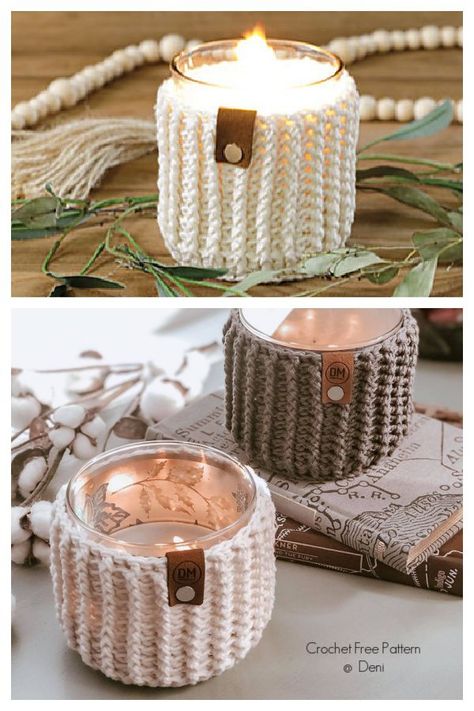 Emmett Ribbed Candle Jar Cozy Free Crochet Patterns Candle Cozy Crochet Pattern, Candle Crochet Holder, Knit Candle Cozy, Crochet Candle Cover, Crochet Candle Holder Pattern Free, Crochet Decoration Ideas, Candle Diy Ideas, Handmade Candles Ideas, Sweater Candle Holder