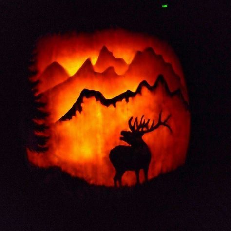 Pumpkin Carving Mountains, Landscape Pumpkin Carving, Hunting Pumpkin Carving Ideas, Pumpkin Carving Ideas Country, Elk Pumpkin Carving, Country Pumpkin Carving Ideas, Country Pumpkin Carving, Pumkin Carving, Pumpkin Carving Contest