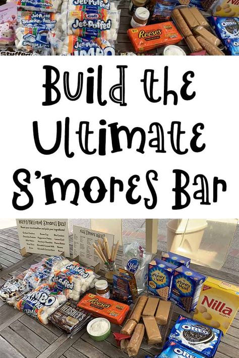 Indoor Smores Bar Diy Party Ideas, S’mores Bar Birthday Party, S’mores Camping Ideas, S’mores Bars Wedding, Smores Station Ideas, Make Your Own Smores Bar, Smores Charturie Boards, S’more Set Up, Bonfire Smores Station