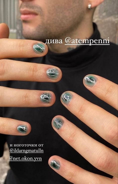 Silver Nails For Men, 3d Gel Manicure, Men Nails Aesthetic, Metallic Nails Men, Aura Nails Men, Male Christmas Nails, Guys Nail Art, Guys Nails Designs, Mens Manicure Design Simple