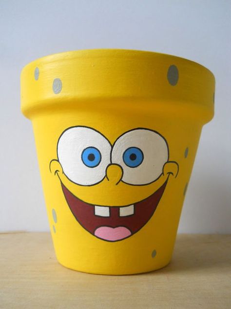 Spongebob Squarepants Hand Painted Flower Pot by GingerPots @Lynn Smith Boada: Plant Pots Crafts, Kule Ting, Clay Pot Projects, Clay Pot People, Flower Pot People, Tanaman Pot, Plant Pot Design, Pot People, Flower Pot Art