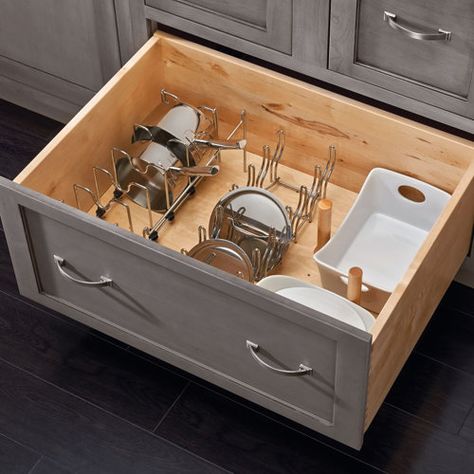 Rev-A-Shelf Rev-A-Shelf Kitchen Drawer Lid Organizer for Drawer Peg Boards, Chrome | Wayfair Deep Cabinet Organization, Pots And Pans Organizing, Deep Kitchen Drawer Organization, Unique Organization, Pot And Pan Organizer, Kitchen Utensil Drawer, Diy Kitchen Hacks, Pan Organizer, Peg Boards