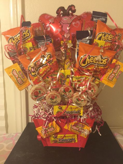 Hot Cheetos Gift Ideas, Gifts For Best Friends Quince, Mexican Candy Basket Gift Ideas, Hot Cheetos Valentine Ideas, Mexican Candy Gift Ideas, Hot Cheetos Gift Basket, Candy Bouquet Ideas Birthday, Mexican Candy Basket, Takis Gift Basket Ideas