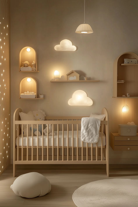 vintage nursery with elegant, classic decor pieces. Neutral Nursery For Girl, Classic Neutral Nursery, Baby Girl Nursery Minimalist, Sun Moon And Star Nursery, Modern Vintage Nursery Girl, Girl Nursery Ideas Neutral, Nursery Ideas Girl Neutral, Clouds Nursery Theme, Modern Nursery Neutral