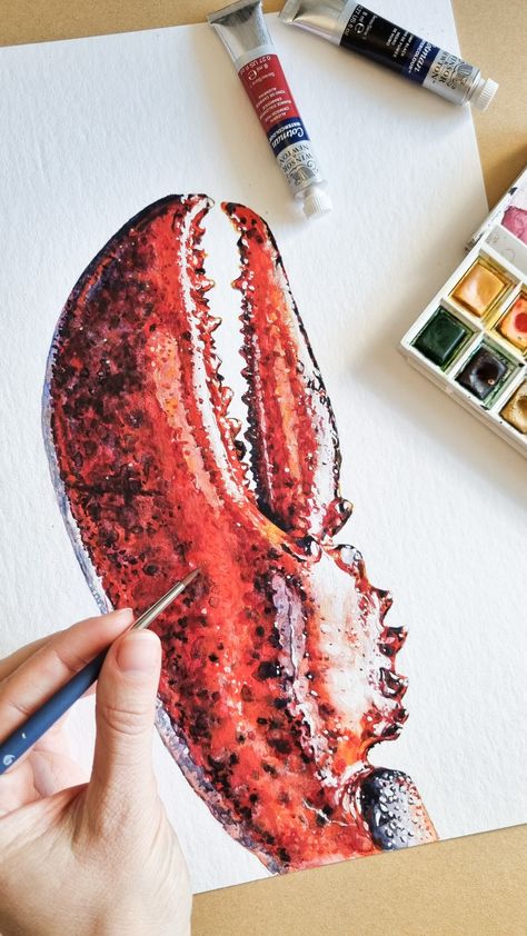 Lobster claw, watercolor on paper, beautiful painting, realistic Lobster Watercolor, Lobster Painting, Lobster Art, Painting Realistic, Gcse Art Sketchbook, A Level Art Sketchbook, Watercolor Art Lessons, Gcse Art, A Level Art