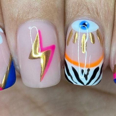 Lightening Nails, Bluesky Gel Polish, Gold Chrome Nails, Gold Nail Art, Blue Nail Designs, Bright Nails, Rainbow Nails, Neon Nails, Cuticle Oil