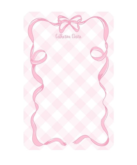 "Gingham Coquette Bow Notepad Set - set of 2 in same pattern/name Each set comes gift wrapped in a clear cellophane. Listing includes:   2 notepads of the SAME PERSONALIZATION / DESIGN 50 sheets per pad Gummed at the top 5.5\" x 8.5\" Backed with chipboard Please place all personalization information in the notes to seller section of your order. Message me with any questions!  :)" Coquette Notepad, Gingham Coquette, Pink Branding, Pink Notepad, Gingham Set, Coquette Design, Melody Wallpaper, Chinoiserie Pattern, Writing Inspiration Tips