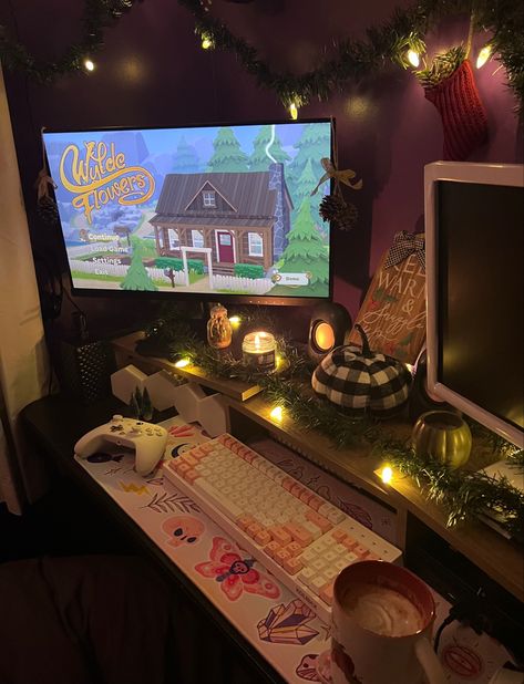 Christmas Gaming Setup, Christmas Theme Gaming Setup, Wylde Flowers, Cozy Video Game Aesthetic, Cozy Playstation Games, Cozy Games On Switch, Cozy Gaming Nintendo Switch, Cozy Place, Gaming Setup