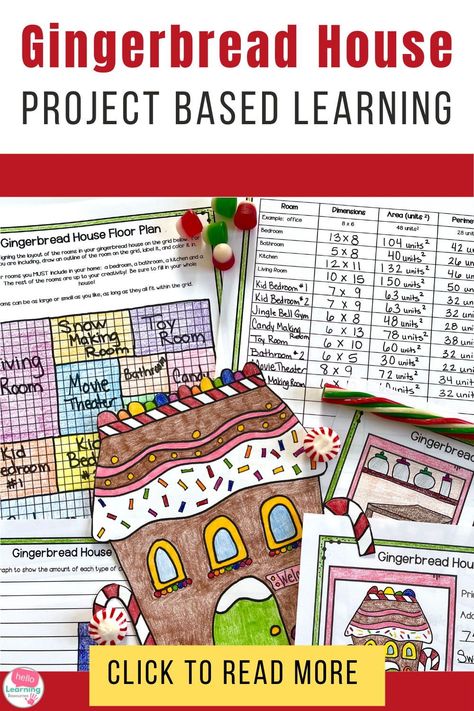 These gingerbread house project based learning activities are sure to be a hit with your 4th grade or 5th grade students or homeschool learners. Covers the skills of data collection, graphing, area and perimeter, decimals, sensory words, and descriptive writing. Use this pbl project during the winter or in the weeks leading up to Christmas. This math pbl project will keep your learners engaged in learning and excited to complete each task. Includes grading rubrics. Click to read more! Christmas Activity 4th Grade, Christmas 5th Grade Activities, Math Gingerbread House, Grade 5 Christmas Activities, Christmas Activities 3rd Grade Free, Maths Christmas Activities, Christmas Classroom Activities 4th Grade, Winter Activities For 4th Grade, Christmas Math Activities 4th Grade