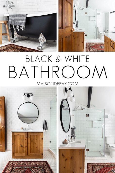 You won't believe this attic bath! Tour a classic black and white bathroom complete with a black clawfoot tub and charming, angled walls. #blackandwhitebathroom #bathroomdesign #clawfoottub Wood White And Black Bathroom, Black White And Wood Bathroom Modern, Hickory Vanity Bathroom, White Bathroom Black Floor, Black And White And Wood Bathroom, Black White Wood Bathroom, Black White And Wood Bathroom, Dr Bathroom, Classic Black And White Bathroom