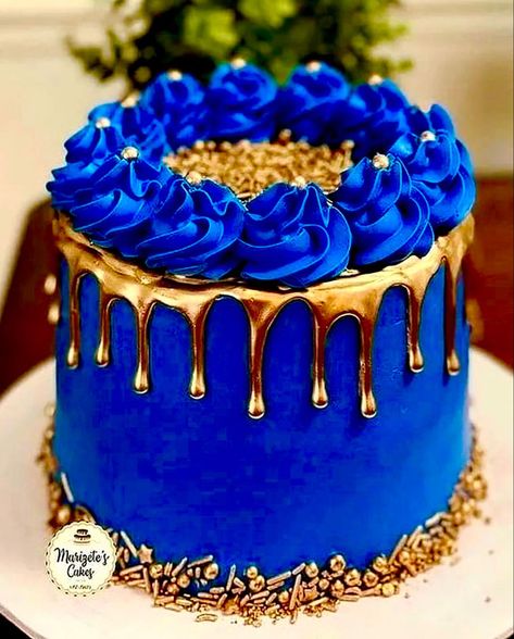 Royal Blue Cake, Purple Cakes Birthday, Blue Birthday Cakes, Birthday Cake For Husband, Cake For Husband, Gold Birthday Cake, 21st Cake, Buttercream Cake Decorating, Elegant Birthday Cakes