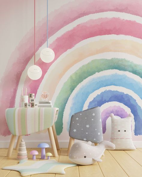 Rainbow Peel and Stick Decal / Removable True Rainbow Wallpaper / Pastel Rainbow Wall Mural Pink Ombre Sticker / Girl Pastel Rainbow - Etsy UK Pastel Girls Bedroom Ideas, Pastel Rainbow Girls Room, Girls Rainbow Bedroom Ideas, Rainbow Wallpaper Pastel, Girls Bedroom Ideas Rainbow, Unicorn And Rainbow Bedroom, Rainbow Room Kids Girl Bedrooms, Ombre Rainbow Wall, Pastel Rainbow Bedroom