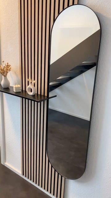 Mirror On Slat Wall, Slat Wall And Mirror, Mirror Wood Panels, Slat Wall With Mirror And Shelf, Slat Wall With Mirror, Pannel Mirror, Wooden Slat Wall Mirror, Wooden Panel Mirror, Decorating Ideas For Walls