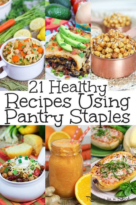 21 Healthy Recipes from Pantry Staples + Grocery List for Healthy Pantry Staples.  Includes clean eating and budget shopping lists for singles, couples and families.  Vegan and Vegetarian friendly. / Running in a Skirt #pantrystaples #vegan #vegetarian #healthy #healthyliving #recipe #cleaneating Staples Grocery List, Healthy Pantry Staples, Vegan Pantry Staples, Pantry Meals, Healthy Pantry, Vegan Pantry, Plant Based Vegan, Clean Eating For Beginners, Clean Eating Breakfast