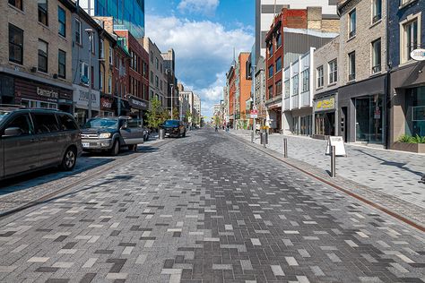 Redefining Streetscapes - Unilock Commercial Streetscape Design, Paving Pattern, Paving Ideas, Thames River, Paver Designs, Paving Design, Commercial Street, Concrete Pavers, Paving Stones