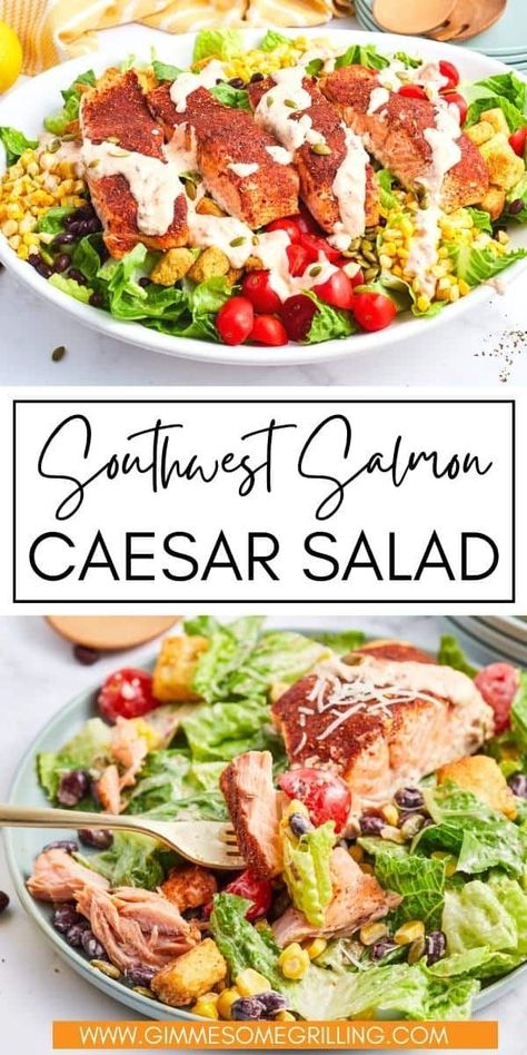 Salmon Lettuce Salad Recipes, Salmon Lettuce Salad, Salmon Romaine Salad, Salmon Caesar Salad Recipes, Southwest Caesar Salad, Best Salmon Salad Recipe, Salmon Ceasar Salad Recipe, Southwest Salmon Salad, Salmon Salad Dressing