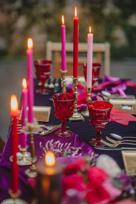 candlestick centerpieces - photo by Elicia Bryan and Divine Light Photography https://ruffledblog.com/recipe-for-romance-wedding-ideas Pink Table Settings, Unique Wedding Colors, Fall Wedding Tables, Candlestick Centerpiece, Fall Wedding Color Palette, Fall Wedding Centerpieces, Unique Fall, Pink Table, Red And Purple