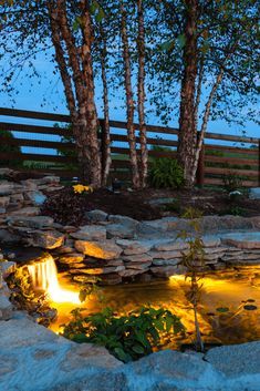 Koi Pond Lighting Ideas, Pond Behind House, Koi Pond Lighting, Pond Lighting Ideas, Aquaponic Design, Ponds With Waterfalls, Water Fall Ideas, Magical Pond, Pond Inspiration