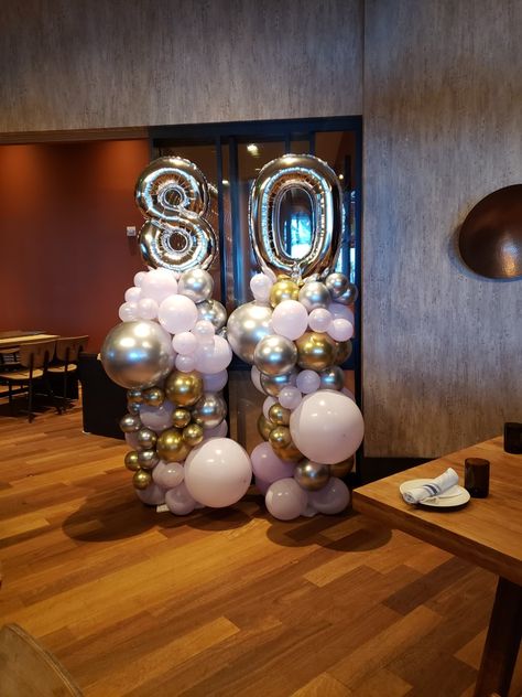 80th Birthday Balloon Decorations, 80th Birthday Balloons, Balloon Columns With Numbers, Number Balloon Columns, Balloon Stand Ideas, Business Anniversary Ideas, Ballon Column, Silver And Lilac, Birthday Setup