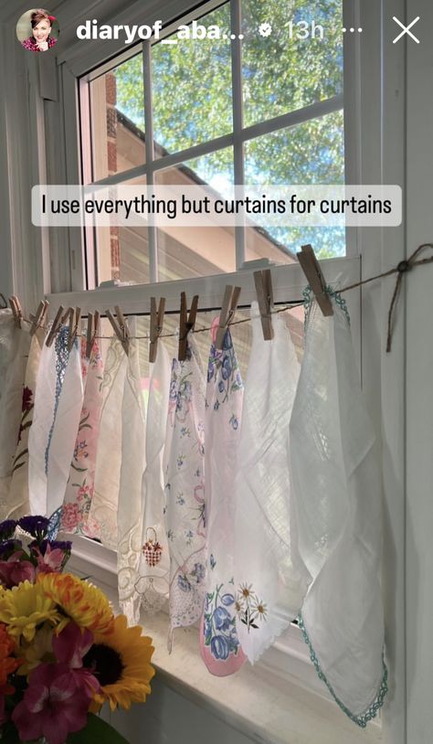 Kitchen Doorway Curtain Ideas, Window Sheers Ideas, Cottage Core Kitchen Curtains, Diy Window Decor Ideas, Hanky Curtains, Tiny Window Curtains Ideas, Curtain Cabinet Doors, Pantry Curtain, Window Decor Ideas