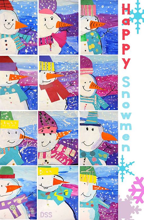 Art and Craft unites! Kids paint a ¾ view snowman and add decorative elements using craft paper. Take a digital picture and turn into your next holiday card. Mixed Media Snowman, Winter Mixed Media Art, 3rd Grade Winter Art Projects, Snowman Art For Kids, Snowman Art Projects For Kids, Snowman Collage, December Art, Snowman Art, Collage Project