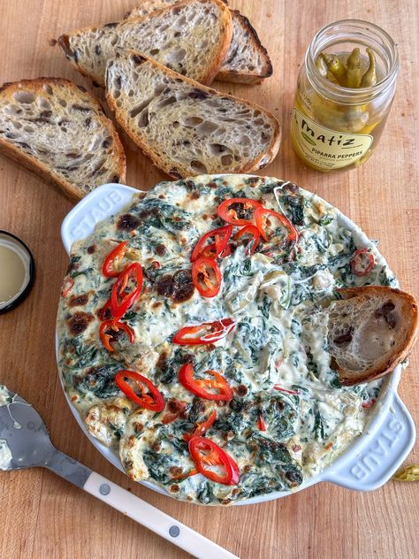 Slightly Spicy Spinach Boston Pizza Spinach Artichoke Dip, Holiday Dips And Appetizers, Spicy Spinach Artichoke Dip, Superbowl Treats, Wishbone Kitchen, Party Appetizers Easy Crowd Pleasers, Game Day Dips, Game Day Dip, Spicy Spinach