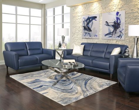 Jasper Blue 3 Piece Leather Living Room - Kane's Furniture Navy Blue Leather Sofa, Blue Leather Couch, Blue Furniture Living Room, Blue Couch Living, Blue Sofas Living Room, Leather Sofa Living, Blue Couch Living Room, Blue Leather Sofa, Leather Couches Living Room