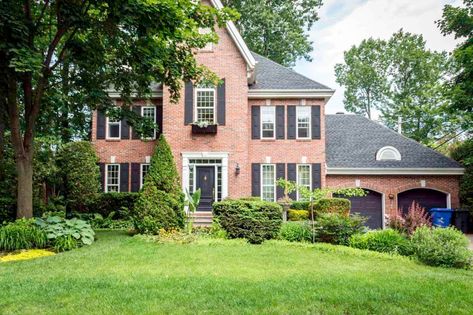 Shutters On Red Brick House, Shutters Brick House, Gray Shutters, Red Brick House Exterior, Red Brick Exteriors, Window Shutters Exterior, Brick Colonial, Different House Styles, Garage Door Types