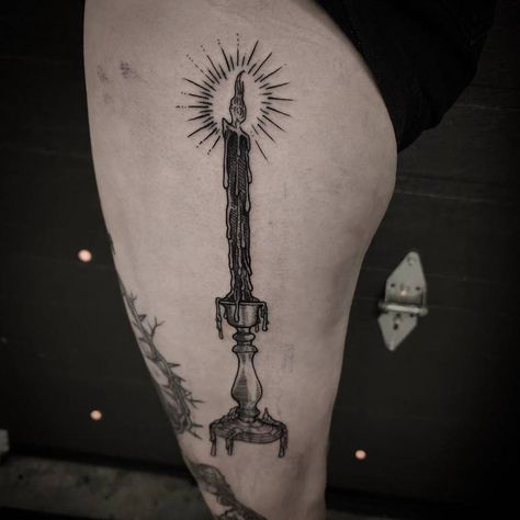 Engraving style candle tattoo located on the thigh. Tattoos Candle, Candle Stick Tatoos, Black And Grey Candle Tattoo, Vintage Candle Tattoo, Gothic Candle Tattoo, Creepy Candle Tattoo, Candlestick Tattoo, Three Kings Tattoo, Goth Candles