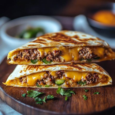 Cheeseburger Quesadillas - Insanely Good Cheeseburger Quesadillas, Cheeseburger Quesadilla, Sliced Pickles, Quesadilla Burgers, Quesadilla Recipes Beef, Beef Quesadillas, Seasoned Ground Beef, Meat Pies, Pickle Slices