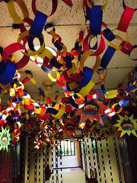 Love this idea! Super Hero Vbs Decorations, Hero Hotline Vbs Decorations, Superhero Vbs Decorations, Super Hero Vbs, Super Hero Decorations, Super Hero Theme Party, Vbs Superhero Theme, Hero Decorations, Hero Central Vbs