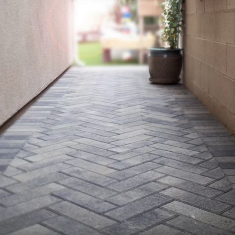 Pavers In Herringbone Pattern | Houzz Herringbone Pavers Walkway, Herringbone Driveway Pavers, Hereingbone Brick Fore Place Pkace Seagns, 90 Degree Herringbone Pavers, Herringbone Clay Pavers, Herringbone Tile Pattern, Concrete Paver Patio, Contemporary Backyard, Decking Ideas