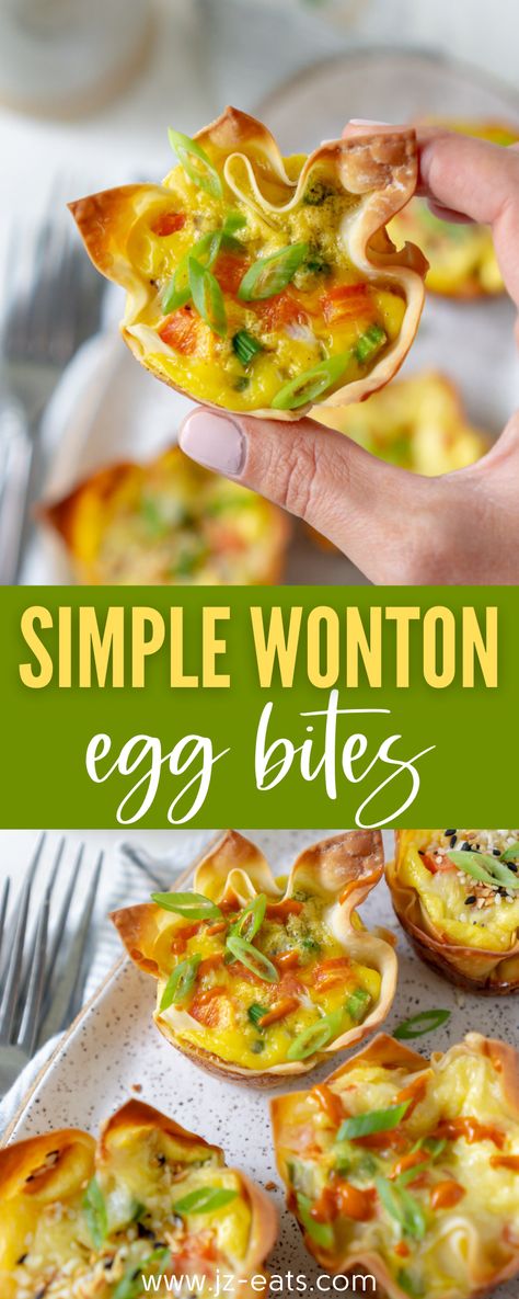 Egg Wonton Wrapper Recipes, Egg Wonton Cups, Wonton Egg Cups, Breakfast Wonton Recipes, Brunch Egg Bites, Wonton Bites Appetizers, Wonton Breakfast Cups, Wonton Breakfast Recipes, Easy Brunch Bites