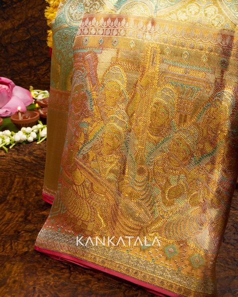 It's magical when pastel tones make an appearance on Kanchipuram Tissue Silks. What makes this weave truly magical is its contrast orange big border that features a group of women playing classical music. ​​ ​ #festivecollection #kankatalakanchipuram #kanchipuramsarees #kanchipuramsilk #tissuesilk #silk #saree #silksaree #weavesofindia #indianhandloom #sareefashion #sareelove #handloom #Kankatala #Kankatalasaree Kanchivaram Silk Saree Wedding, Meenakari Kanchi Pattu Sarees, Bridal Tissue Silk Saree, Kankatala Sarees, Tissue Kanchipuram Silk Saree, Pista Saree, Saree Reference, Kanchipuram Silk Saree Wedding, Saree Outfits