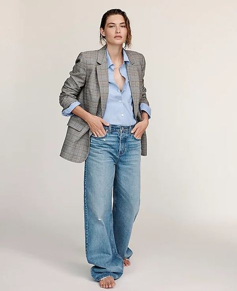 Low-Slung Baggy Jeans | Madewell Jeans With Blazer Outfit, Timeless Office, Relaxed Blazer, 90s Fits, Clothing Sites, Denim Day, Breezy Dress, Denim Blazer, Curvy Jeans