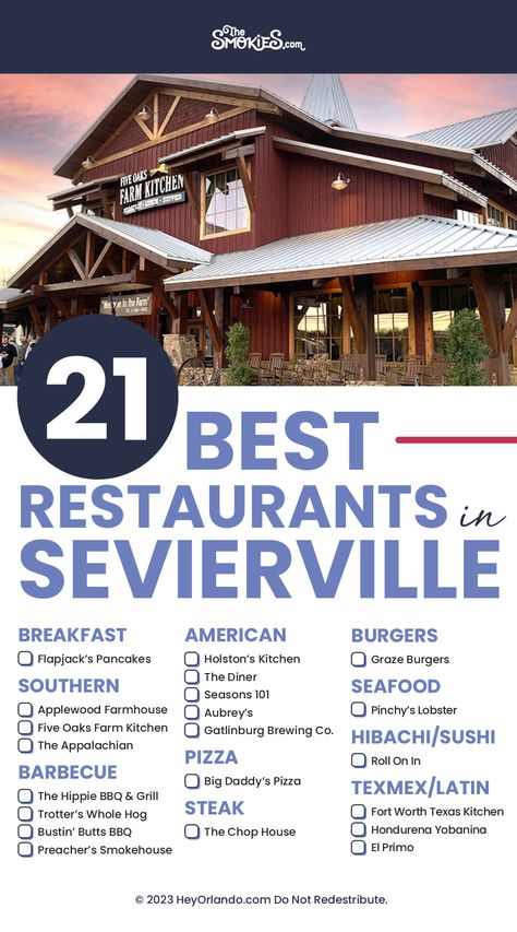 21 Best Restaurants in Sevierville TN [printable checklist] Pigeon Forge Tennessee In November, Sevierville Tennessee Restaurants, Tennessee Family Vacation, Tennessee Restaurants, Gatlinburg Tennessee Vacation, Pigeon Forge Vacation, Tennessee Road Trip, Smokey Mountains Vacation, Sevierville Tennessee