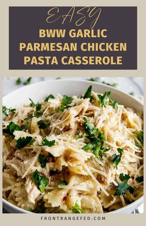 Crockpot Garlic Parmesan Chicken Pasta is deliciously cheesy, and incredibly easy to make. Just like your favorite BWW dish, this easy pasta recipe combines cream cheese, and a garlicky alfredo sauce to create a silky, creamy pasta dish. Get this and other easy dinner recipes at https://www.frontrangefed.com/ Bww Garlic Parmesan, Crockpot Garlic Parmesan Chicken Pasta, Creamy Garlic Parmesan Chicken Pasta, Crockpot Garlic Parmesan Chicken, Garlic Parmesan Chicken Pasta, Parmesan Chicken Pasta, Crockpot Chicken Parmesan, Garlic Chicken Pasta, Chicken Pasta Casserole