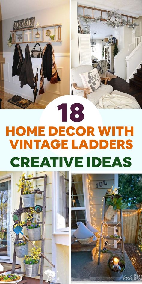 Enhance the aesthetic appeal of your living space by incorporating vintage ladders into your decor scheme. Give an old wooden ladder new life by repurposing it as a trendy bookshelf, showcasing your beloved literary works and infusing each room with charm. Elevate the ambiance by suspending fairy lights or greenery from the ladder's rungs, crafting a delightful and whimsical focal point. Vintage Ladder Ideas, Hanging Ladder Decor, Old Wooden Ladder Ideas, Trendy Bookshelf, Old Ladders Repurposed, Vintage Ladder Decor, Antique Ladder Decor, Old Ladder Decor, Old Ladder Ideas