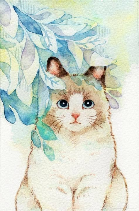 A Cat, Watercolor Painting, Sketch, Canvas, Flowers, Blue, Design, Art, Watercolour Painting