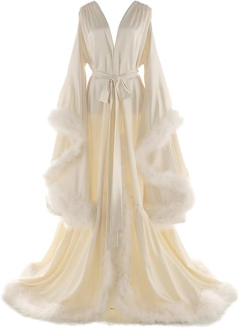 Amazon.com: Daily Life Mall Long Lingerie for Women Ivory robe Bridal Robes with Fur Old Hollywood Robe Maternity Photoshoot Nightgown Silk dress robe Boudoir Puffy Feather Bathrobe : Clothing, Shoes & Jewelry Nightgown Robe, Elegant White Night Robe, White Fluffy Robe Aesthetic, Silk Robe With Fur, Silk Robe With Fur Trim, White Feather Robe, Silk Bathrobe, Silk Nightgown, Bridal Robes