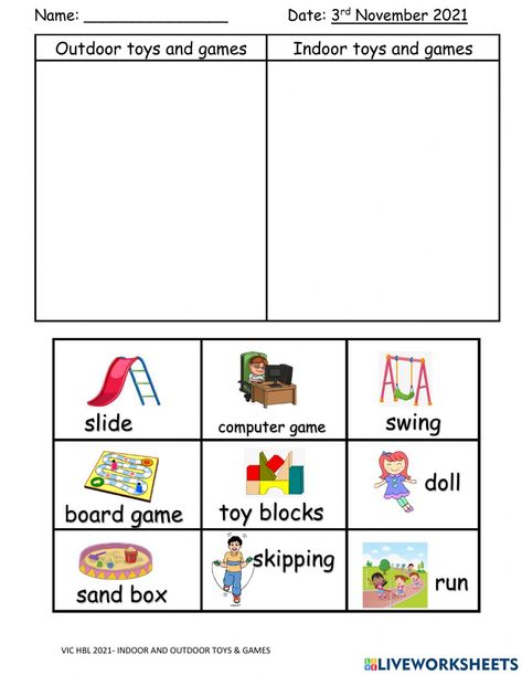 Indoor Games Worksheets For Kids, Indoor And Outdoor Games Worksheet, Action Verbs Worksheet, Verbs Worksheet, Outside Activities, Action Verbs, English Vocab, Preschool Age, Math Word Problems