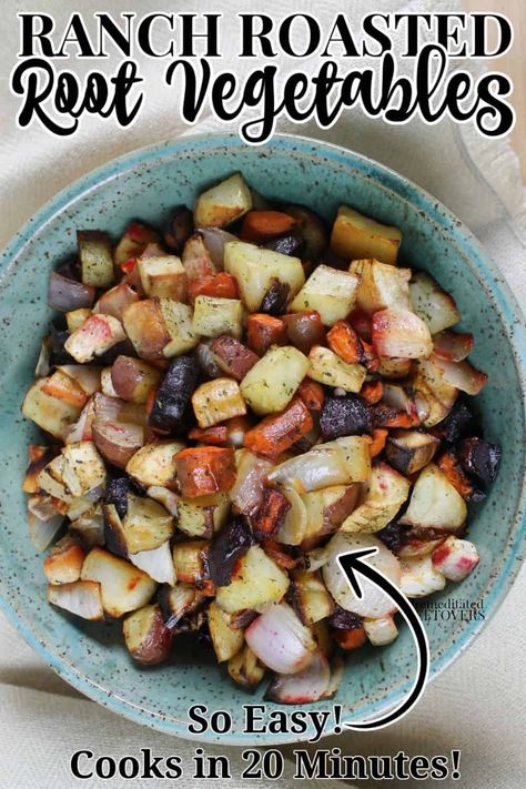 Potatoes, beets, carrots, parsnips, and turnips are chopped, then coated with ranch seasoning mix in this Ranch Roasted Root Vegetables recipe. Quick and easy side dish! Only takes 20 minutes to cook. Ranch Roast, Beet Leaves, Scrumdiddlyumptious Recipes, Carrots Beets, Chopped Salad Recipe, Root Vegetables Recipes, Easy Vegetable Recipes, Cold Salads, Roasted Cauliflower Recipes